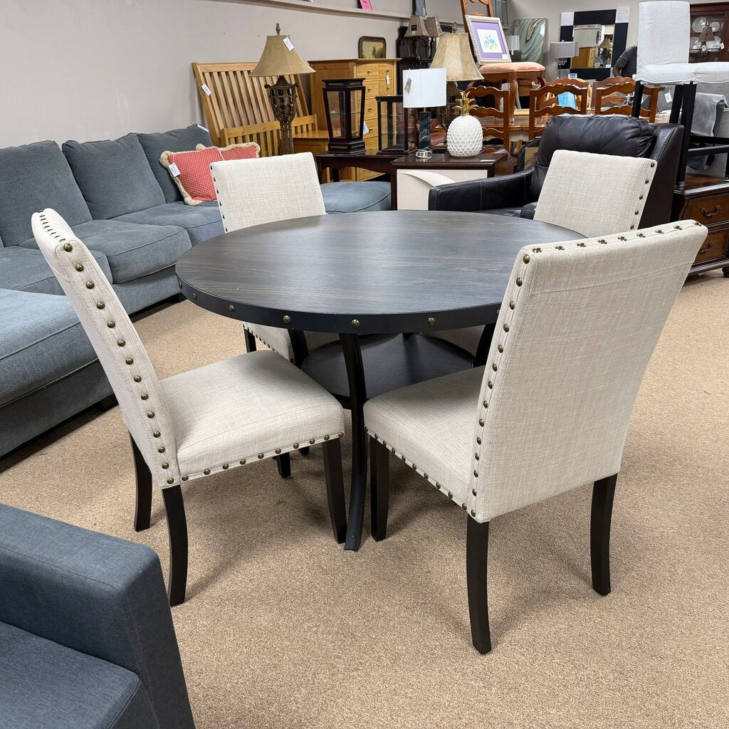 Round Dining Table + 4 Chairs w/Nail Head Detailing