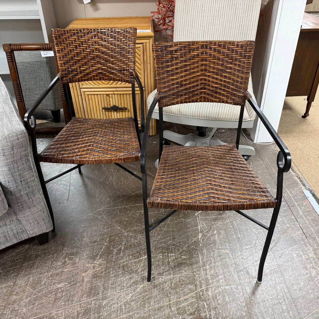 Pair Woven Rattan + Iron Side Chairs