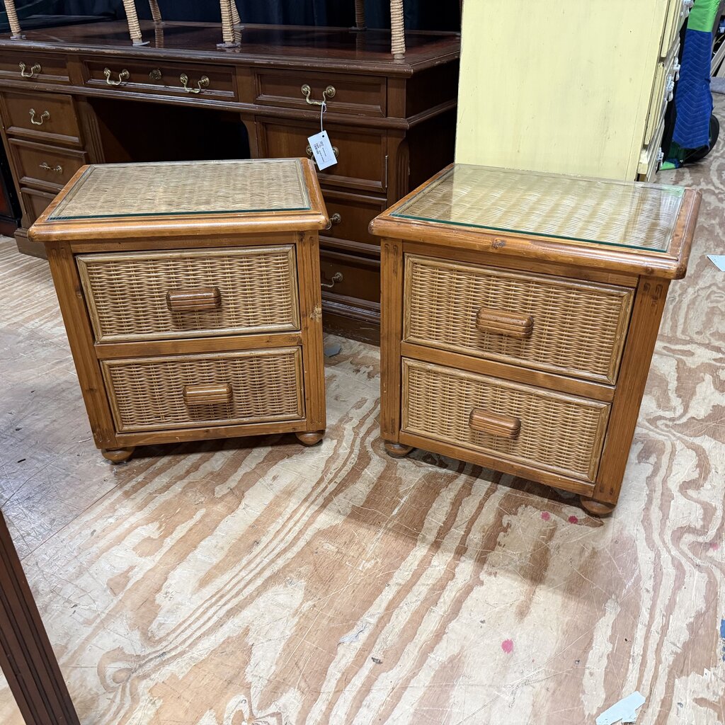 Pair Wicker + Wood Nightstands w/Glass Top