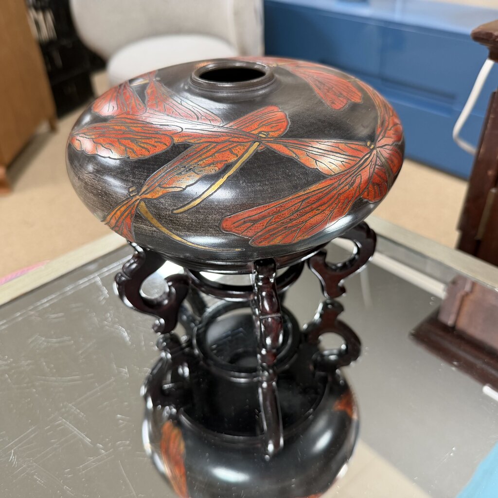 Decorative Dragonfly-Motif Ceramic Vase w/Metallic Glaze on Carved Wood Stand