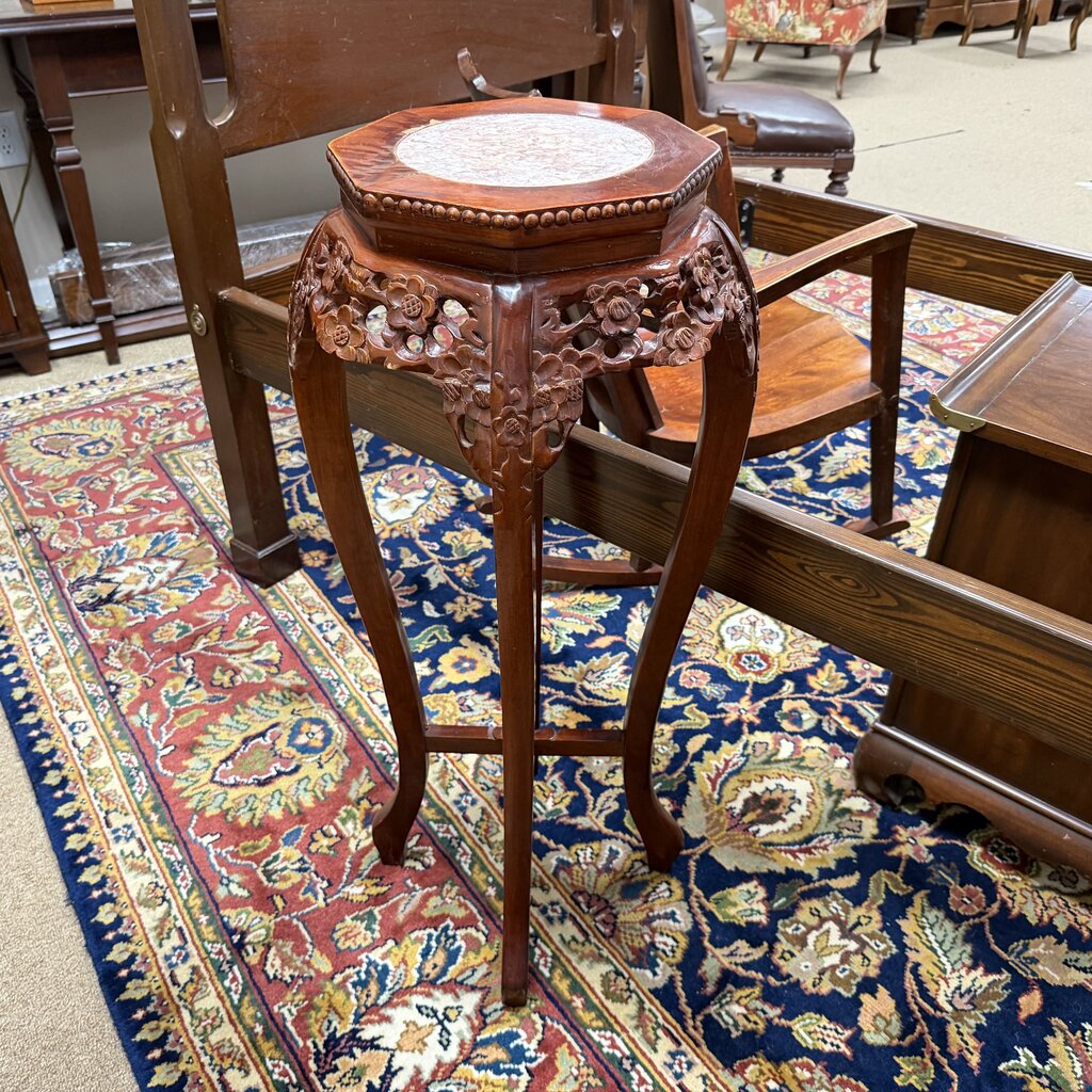 Chinese Carved Wood Pedestal Table w/Marble Inlay