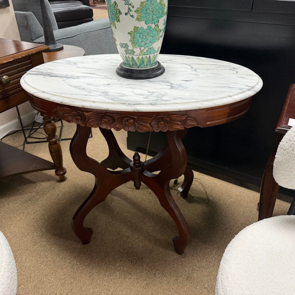 Victorian-Style Oval Marble Top Parlor Table