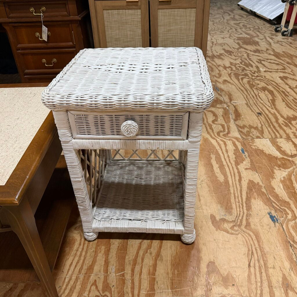Vintage White Wicker Side Table