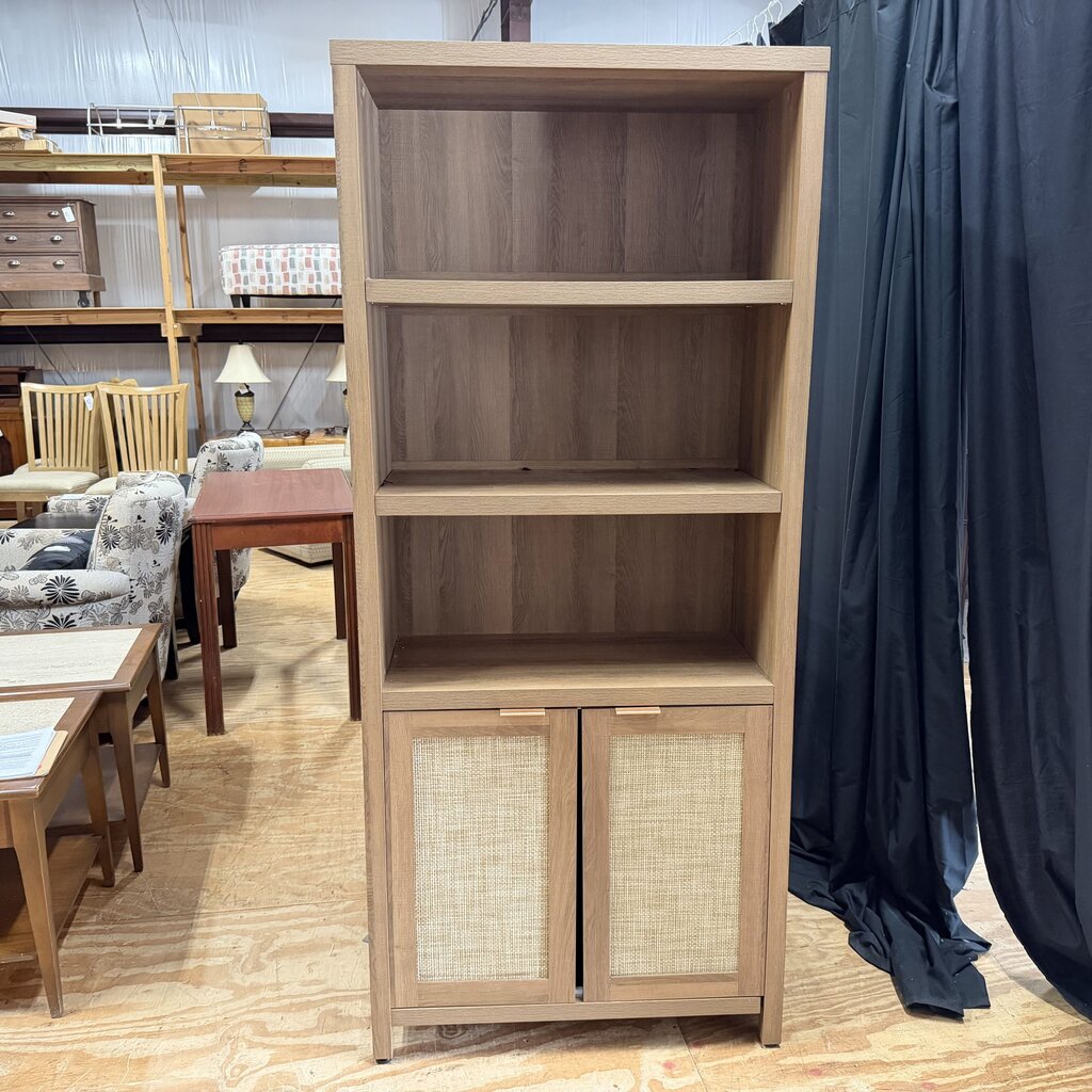 Modern Oak-Finish Bookcase w/Cane-Front Cabinet Doors