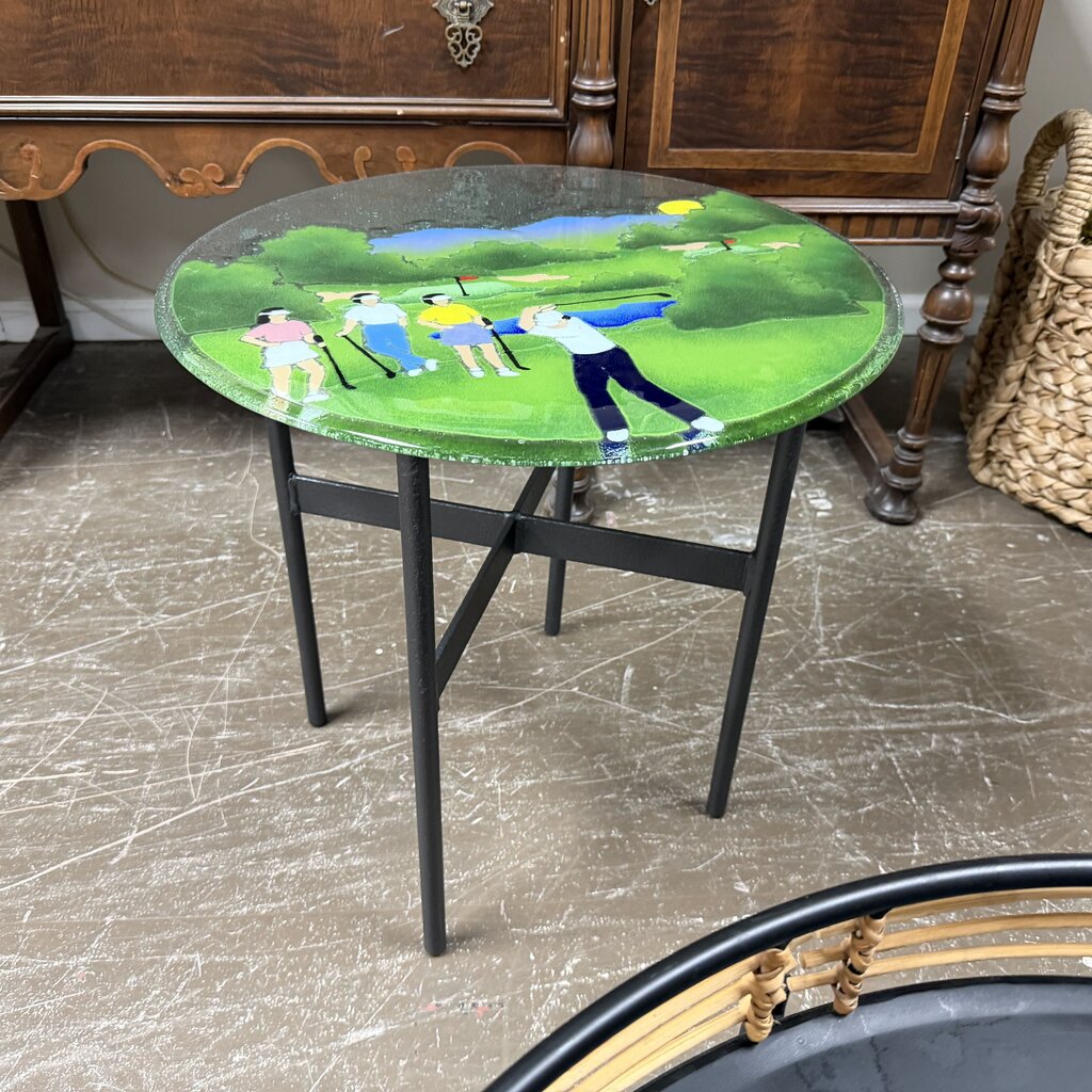 Painted Glass Golf Themed Accent Table