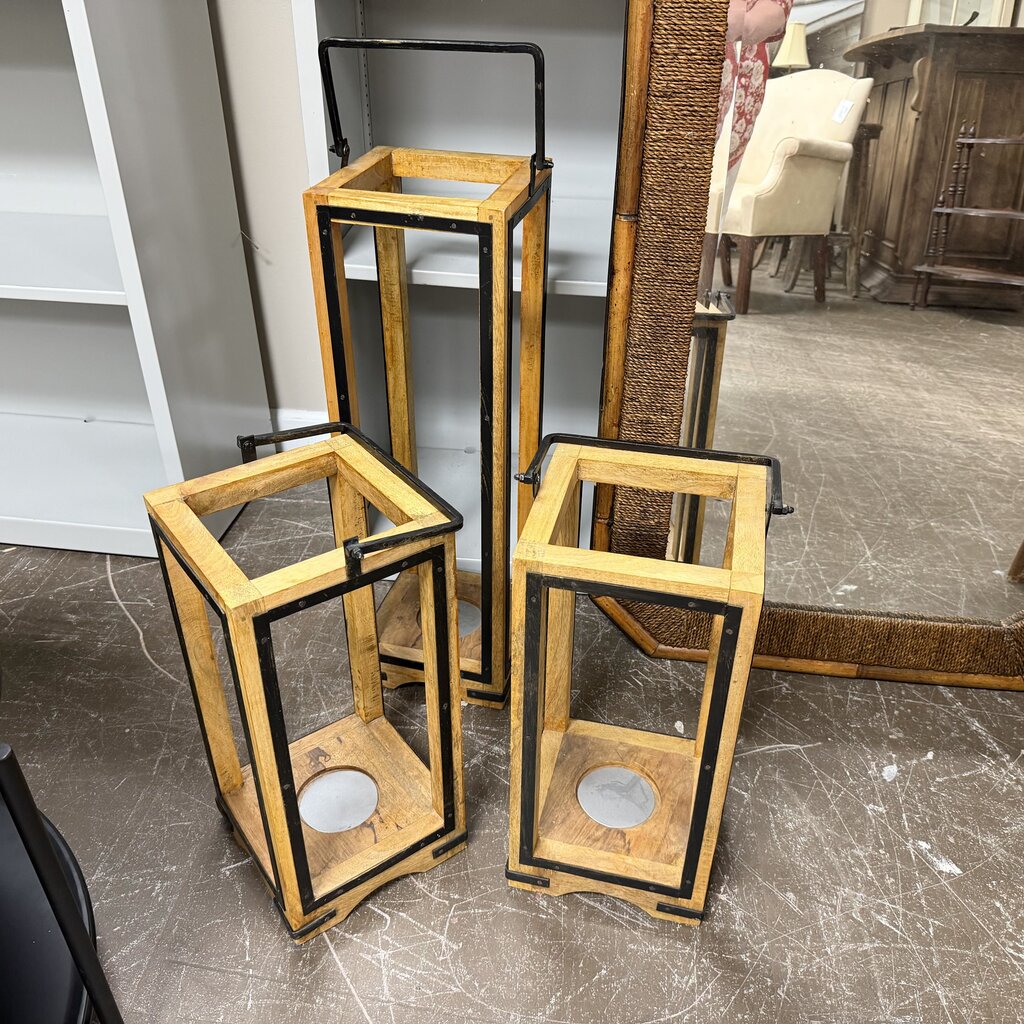 Set/3 Rustic Iron + Wood Lanterns