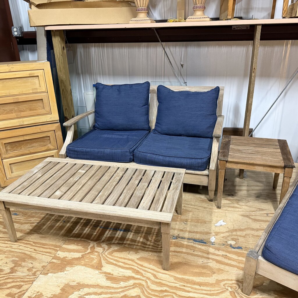 Teak Outdoor Loveseat, Coffee Table + Side Table