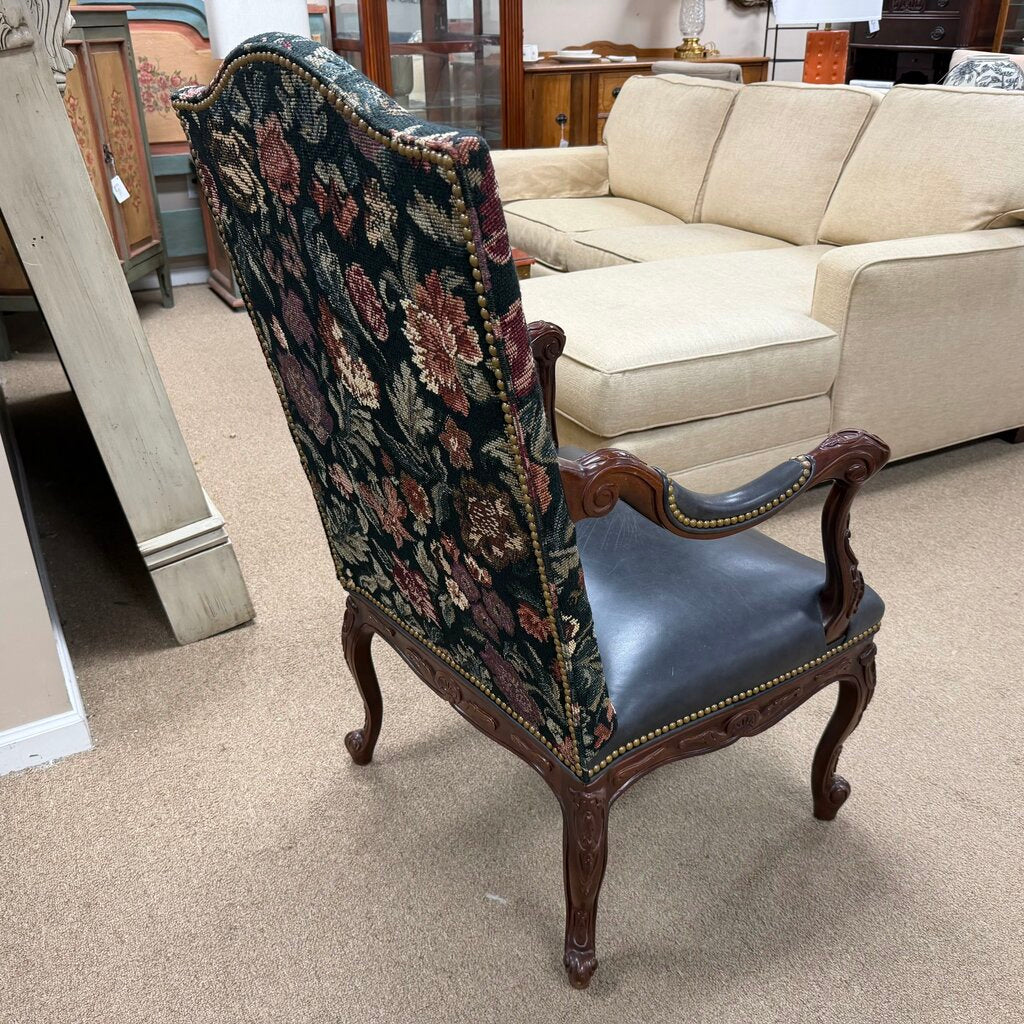 Carved Wood Leather Armchair