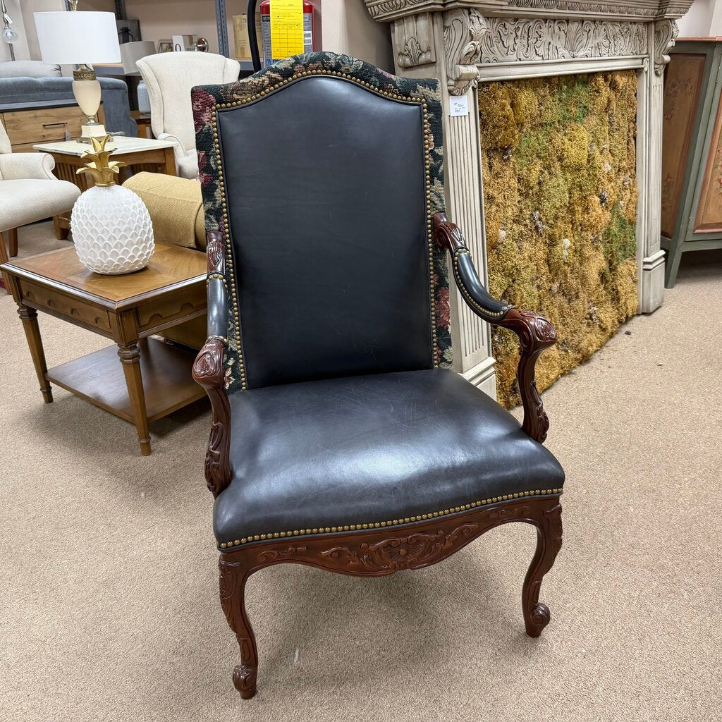 Carved Wood Leather Armchair
