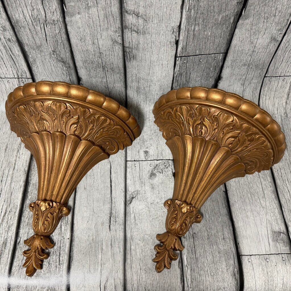 Pair Ornate Plastic Wall Vases w/Metallic Gold Finish