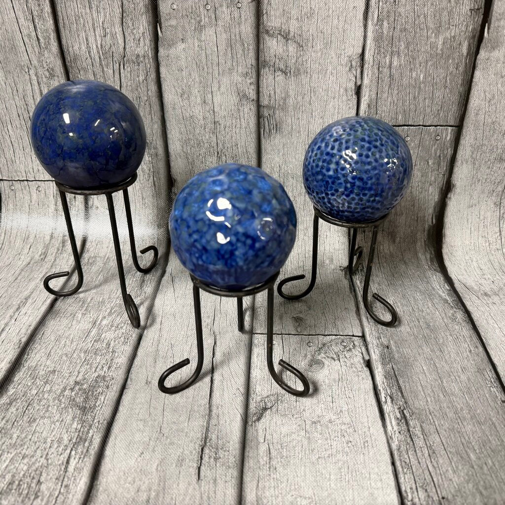 Set/3 Blue Ceramic Balls on Iron Stands