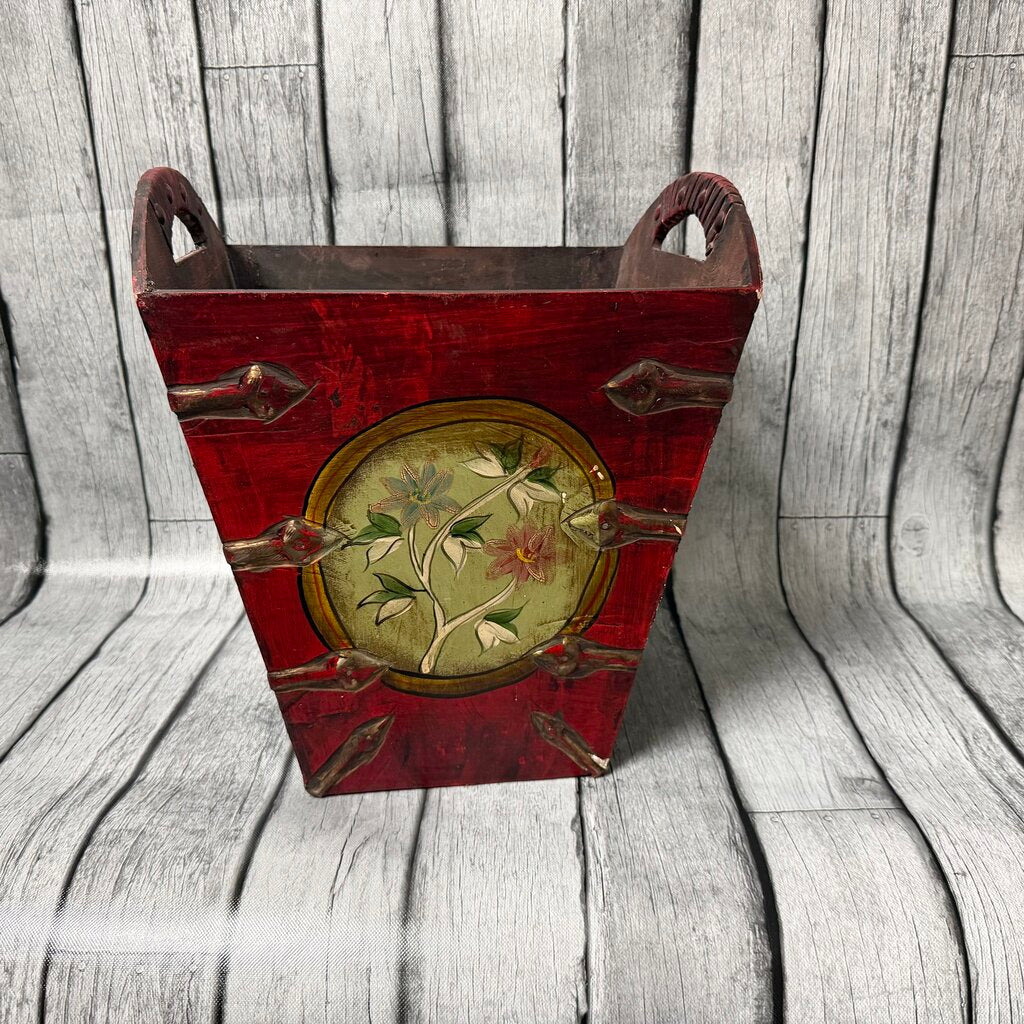 Hand Painted Wood 2-Handle Bin