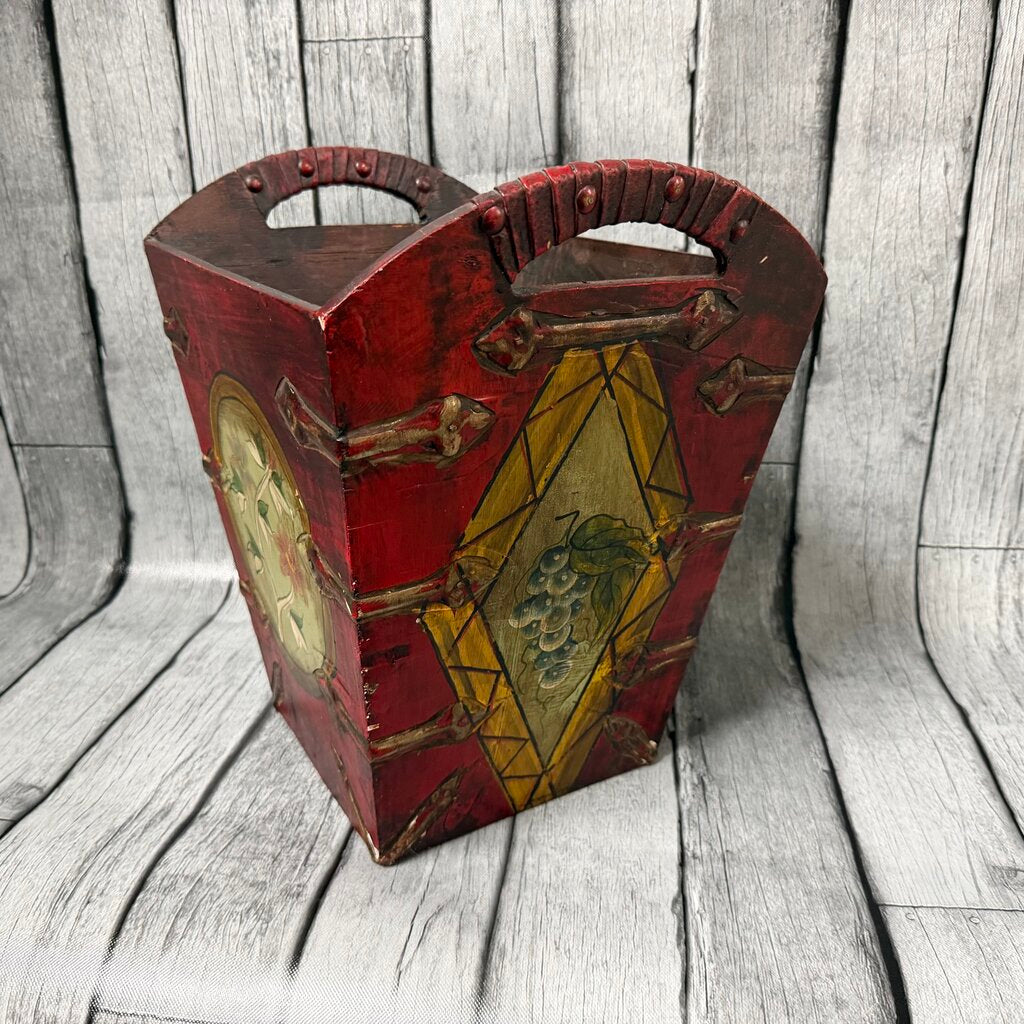Hand Painted Wood 2-Handle Bin
