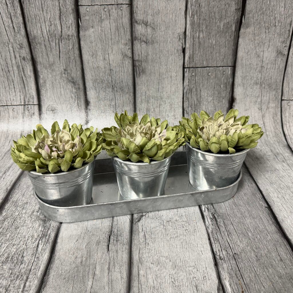 Set/3 Faux Plants in Metal Planters on Metal Tray