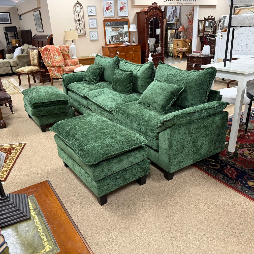 Modern Velveteen Sofa + 2 Ottomans