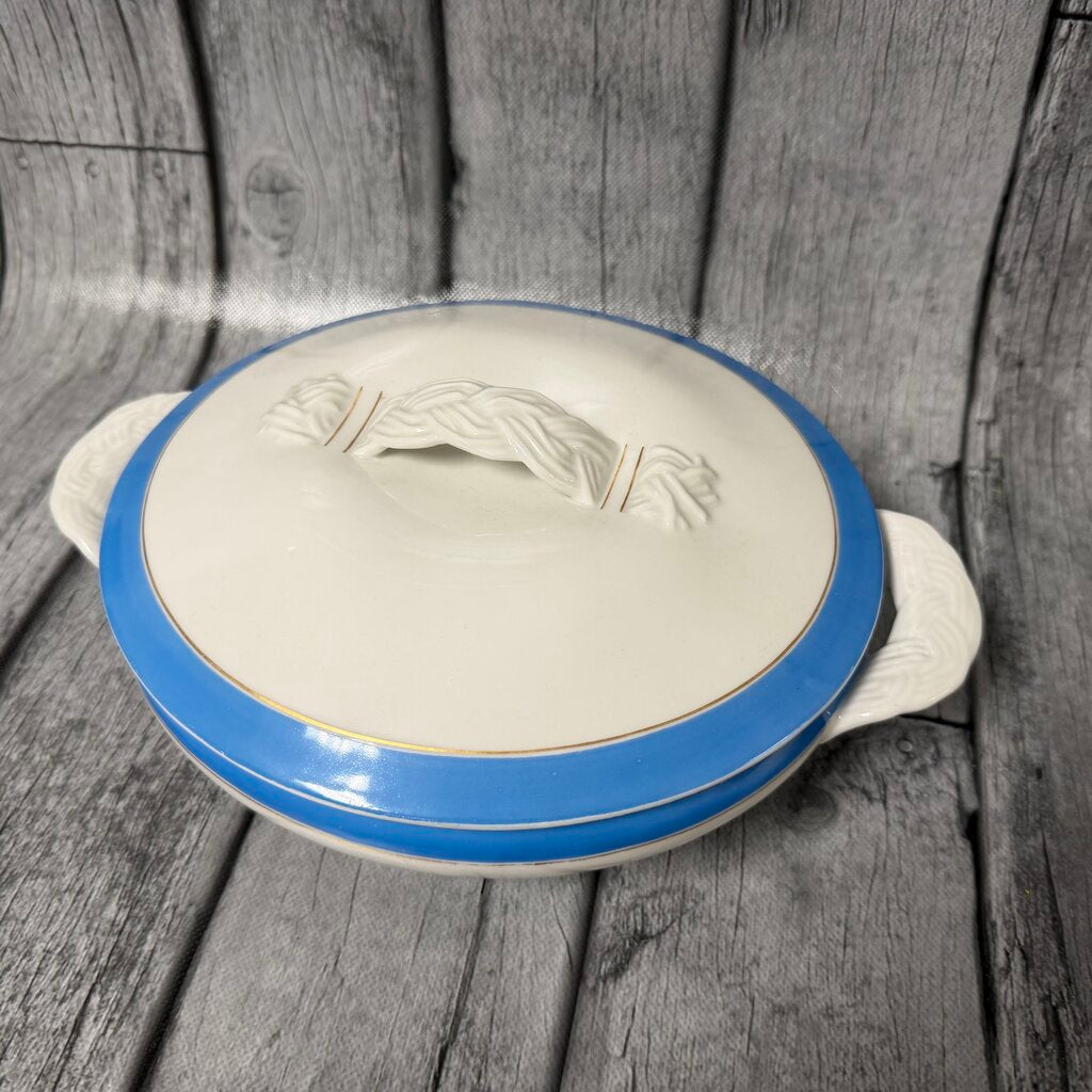 Antique Round Covered Serving Dish – Blue Band & Gold Trim