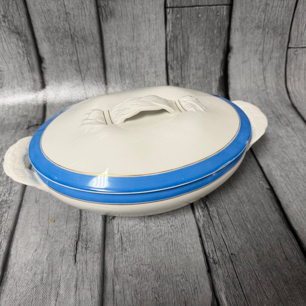 Antique Oval Covered Serving Dish – Blue Band & Gold Trim