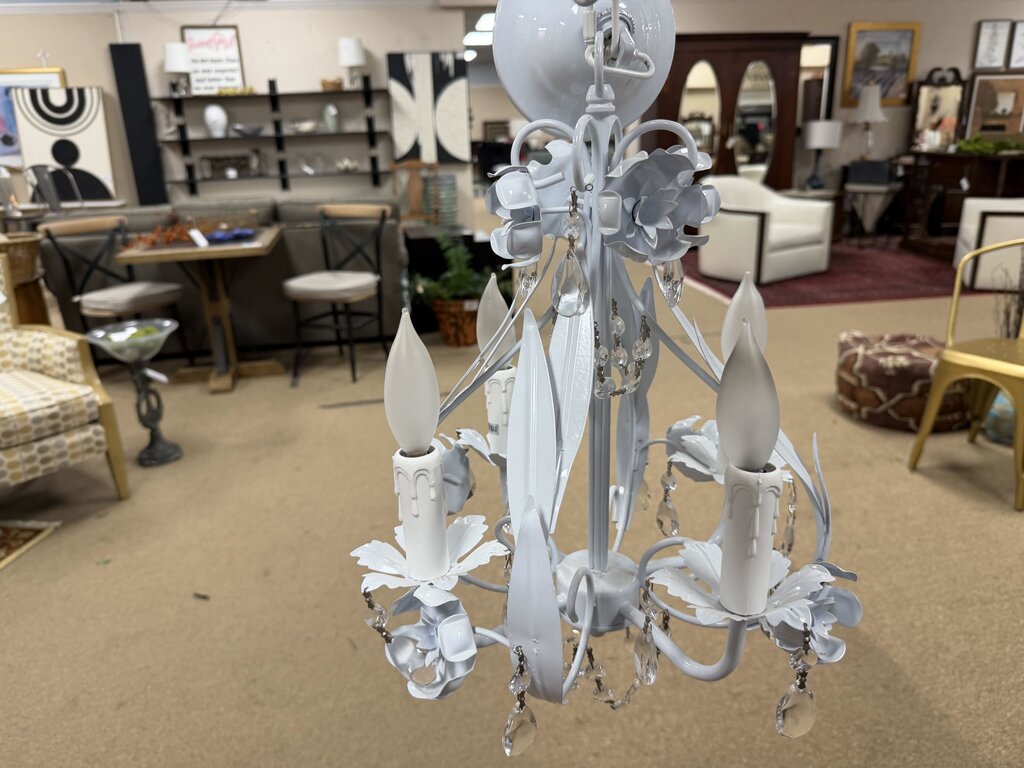 White Metal Floral Chandelier w/Crystals