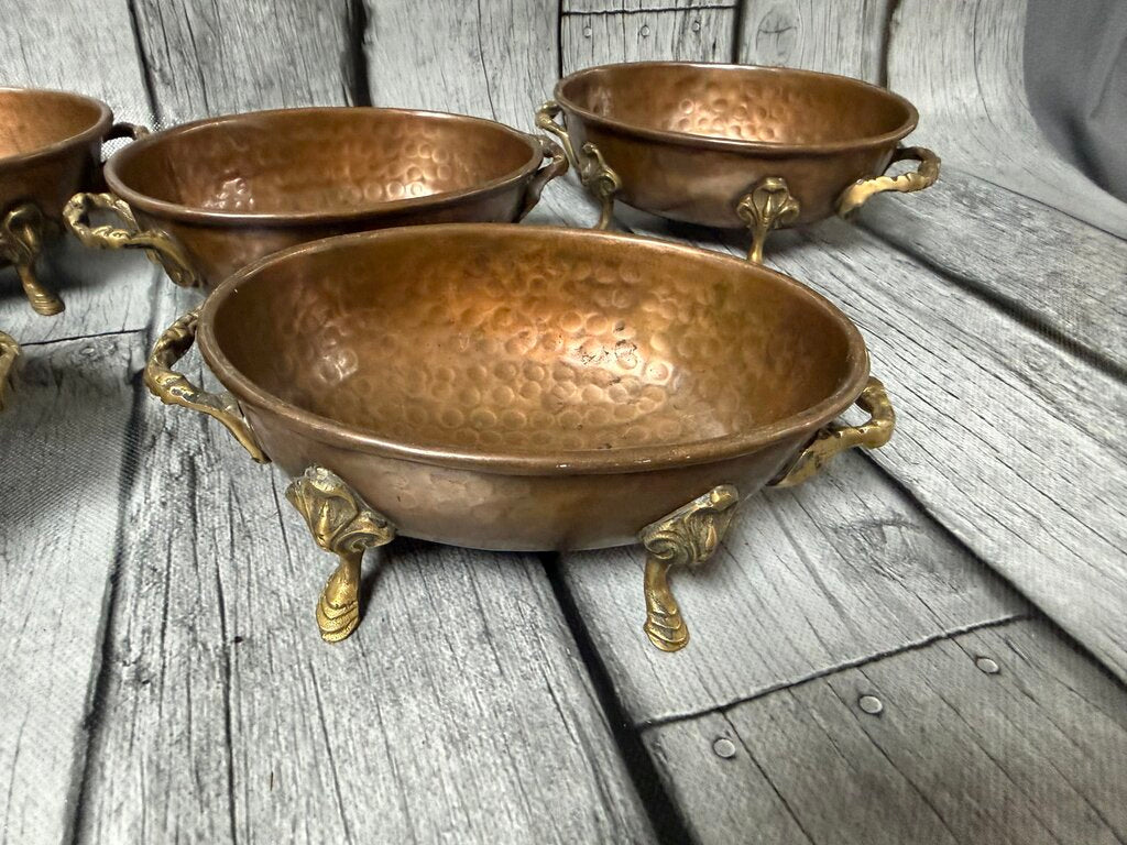 Set/5 Middle Eastern Hammered Copper Bowls w/Brass Handles + Feet