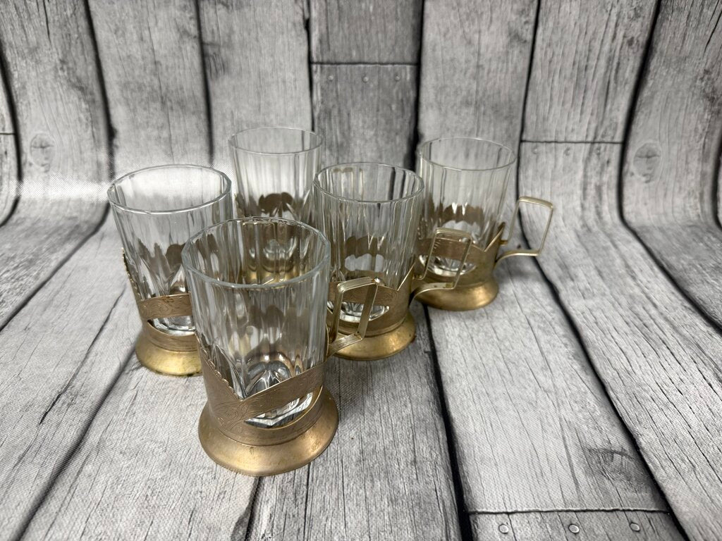 Set/5 Russian Tea Glasses in Podstakannik Tea Glass Holders