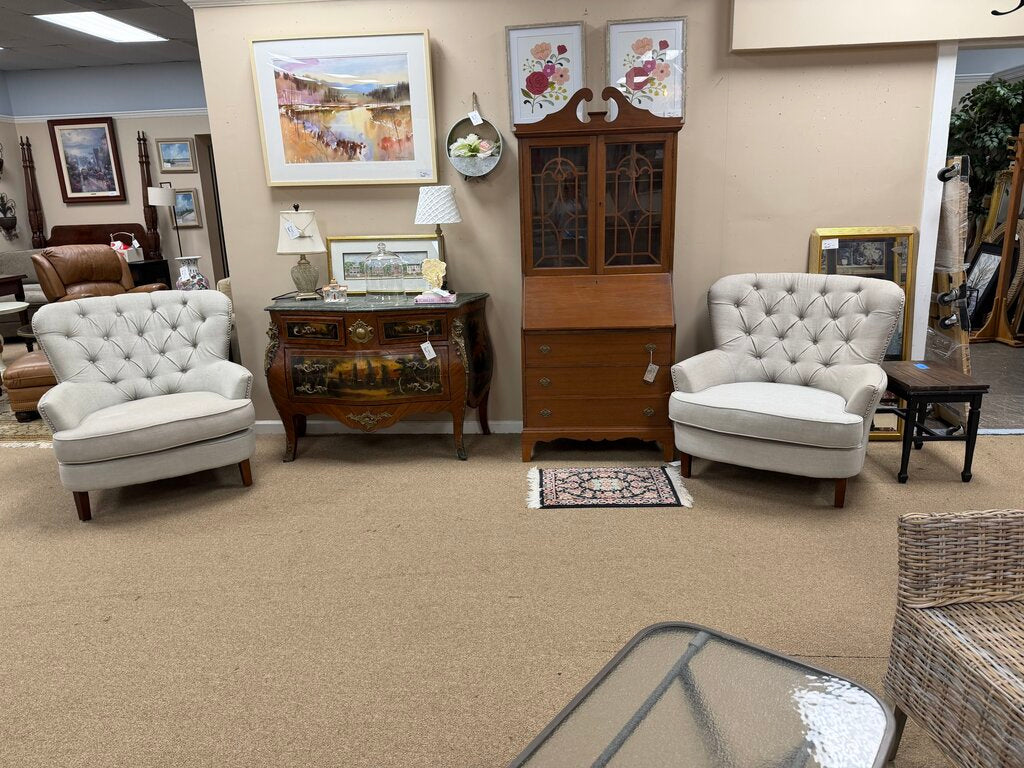 Pair Tufted Linen Accent Chairs