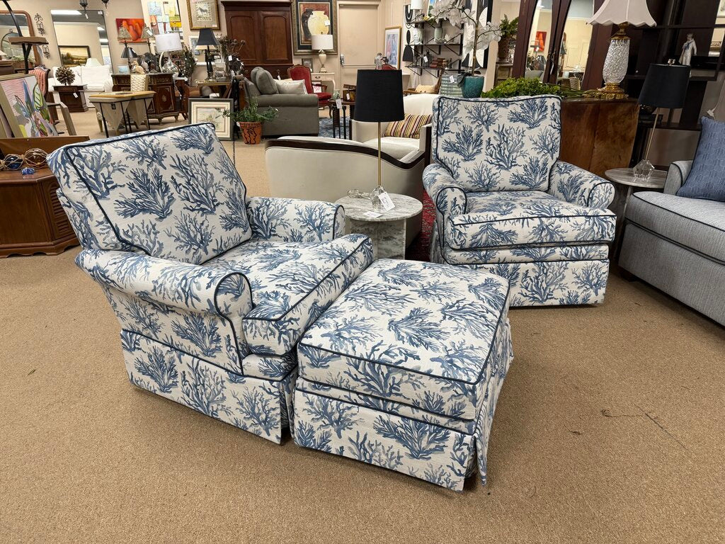 Pair Coastal Themed Swivel Rockers + Ottoman