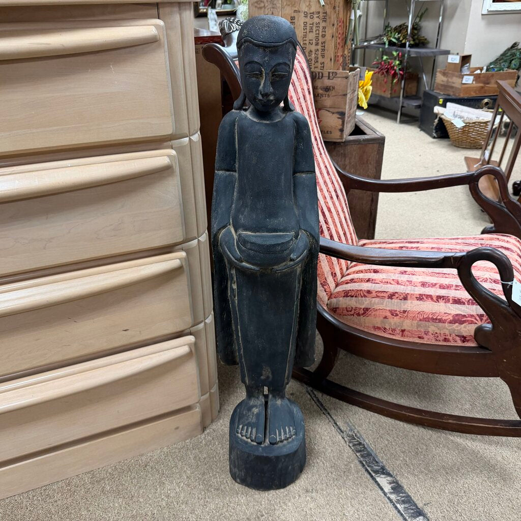 Hand Carved Wood Buddha Standing w/ a Begging Bowl Statue