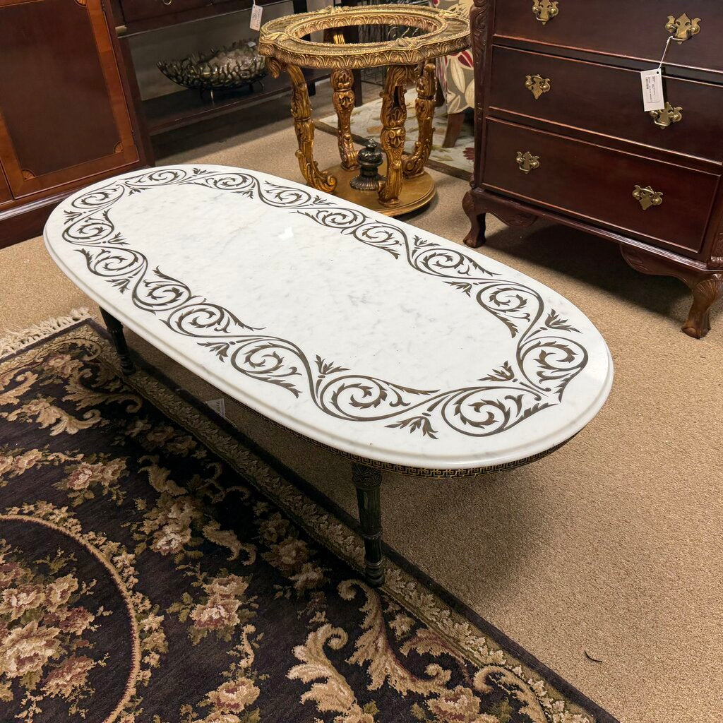 Mid Century Neoclassical Etched Marble Top Coffee Table