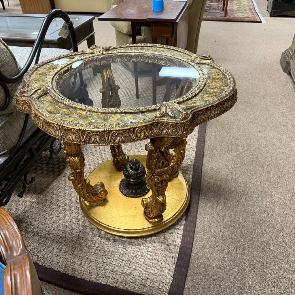 Pair Round Mid Century Gilded Ornate Neoclassical Side Tables