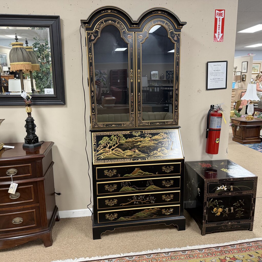 Black Lacquer Chinoiserie Secretary with Hutch