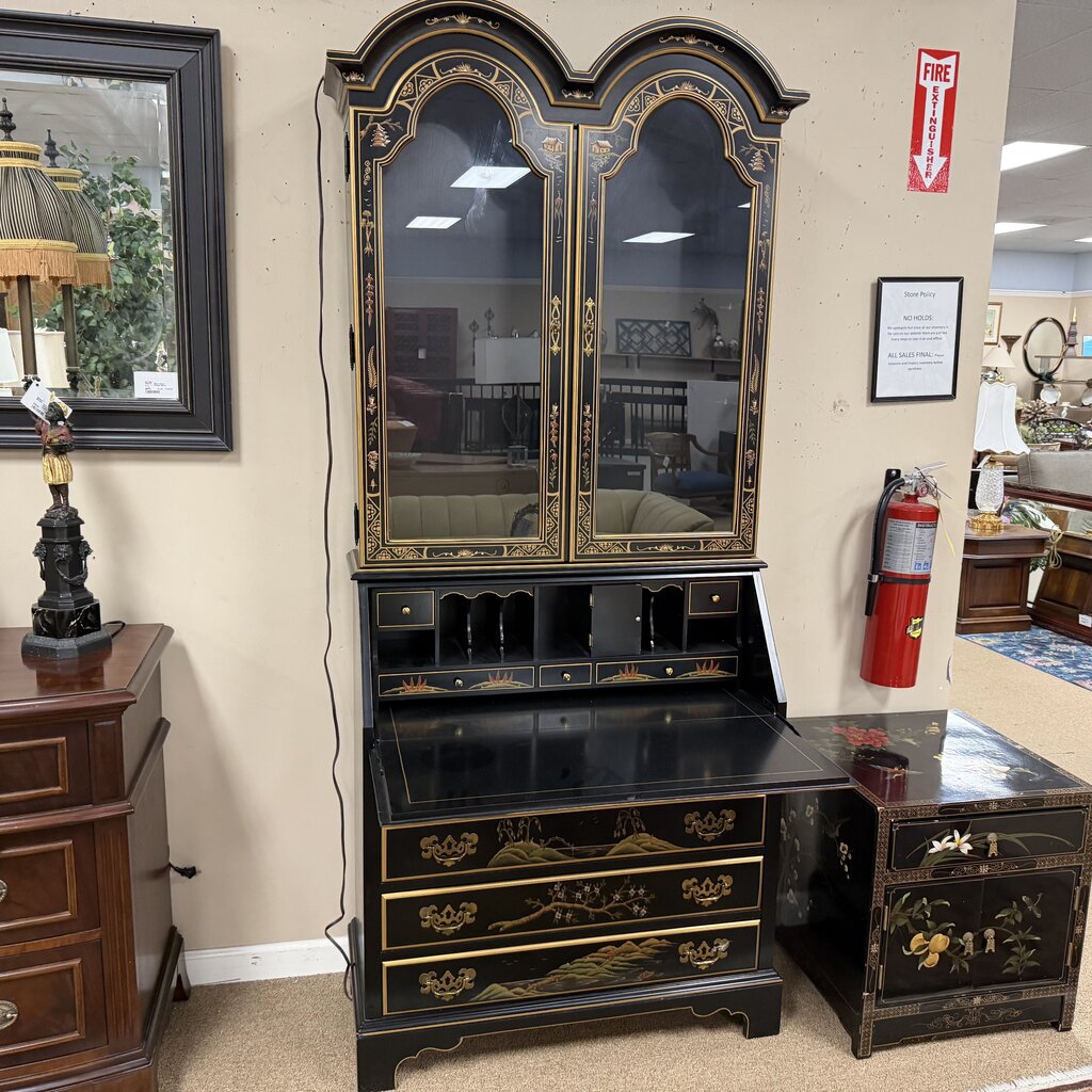 Black Lacquer Chinoiserie Secretary with Hutch