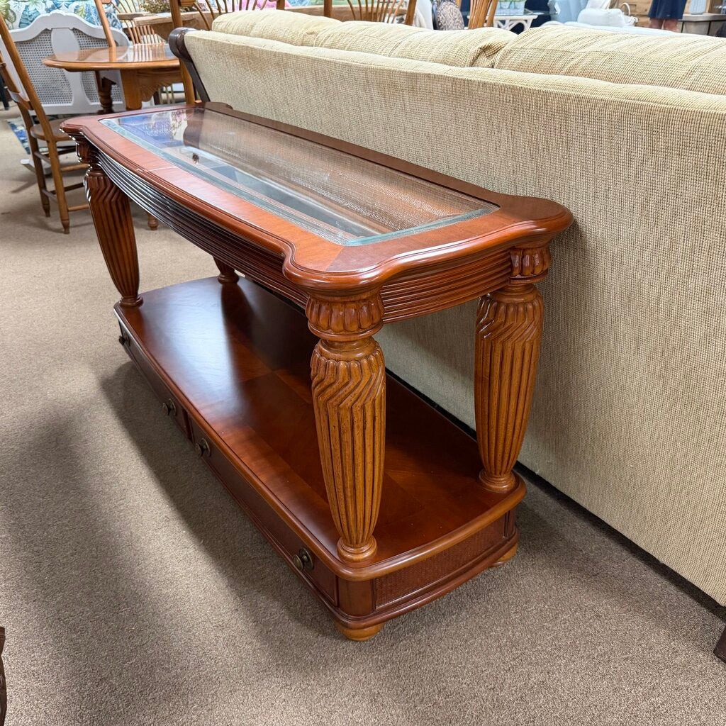 2-Tier Glass Top Wood + Woven Look Console Table