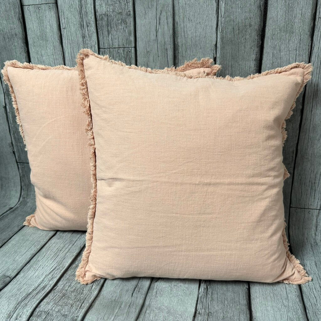 Pair Pink Fringed Linen Down Filled Pillows