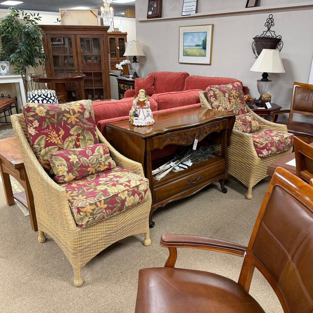 Pair Resin Wicker Chairs w/Floral Cushions