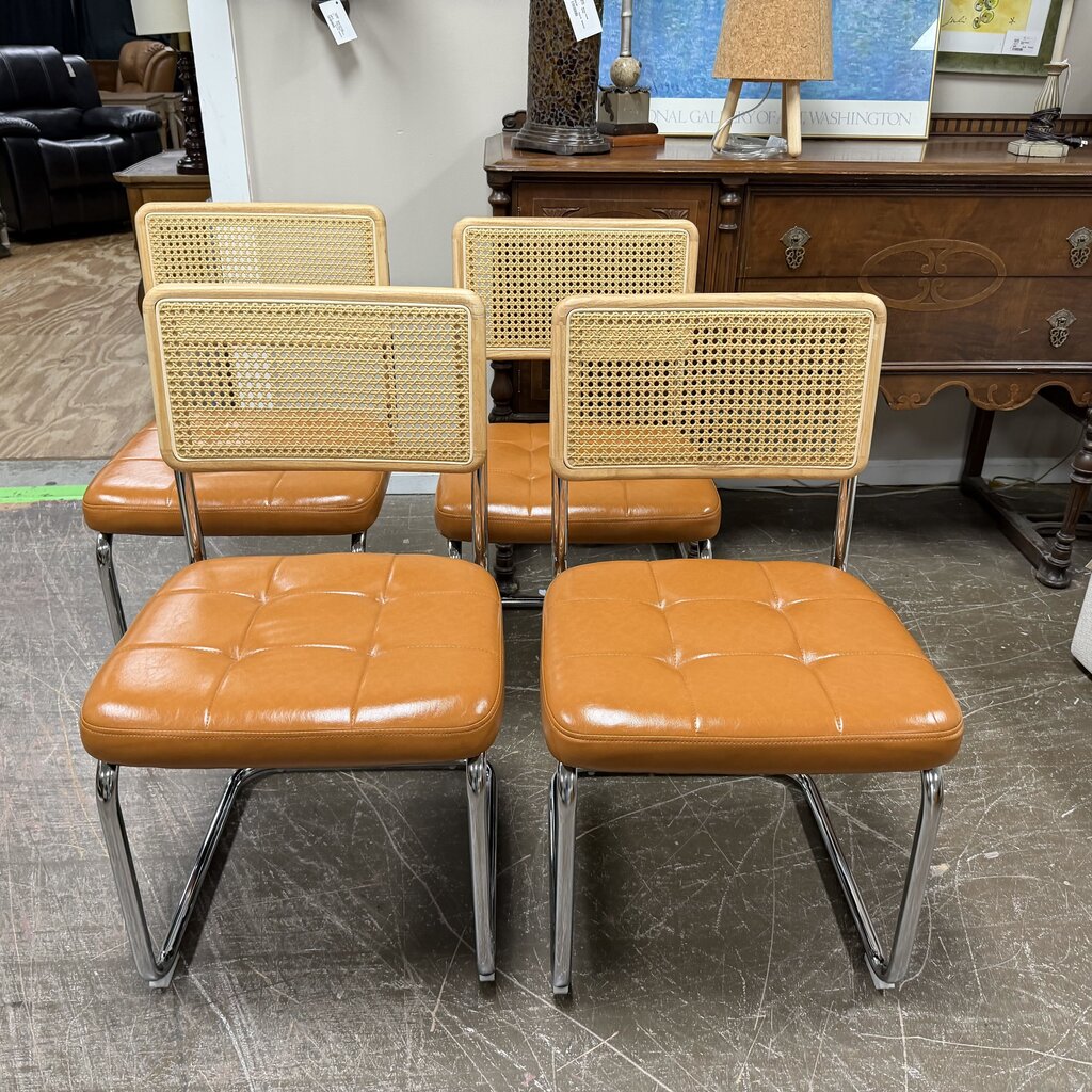 Set/4 Faux Leather, Caned & Aluminum Cantilever Dining Chairs