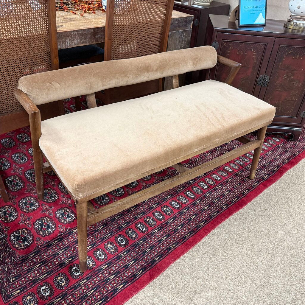 Mid Century Style Wood + Upholstered Bench