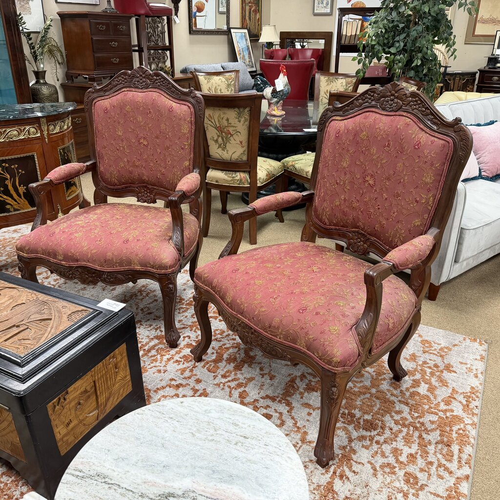 Pair Louis SV Style Carved Wood Armchairs w/Red Floral Upholstry