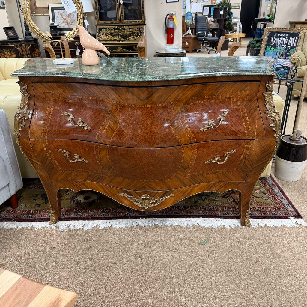 Marble Top Vintage French Louis XV Style Marquetry and Parquetry Bombe Chest