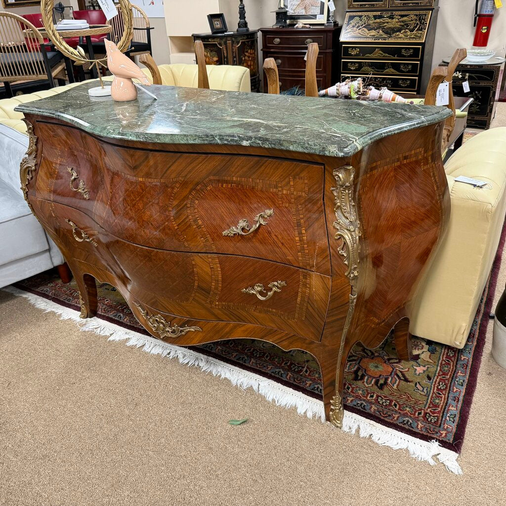Marble Top Vintage French Louis XV Style Marquetry and Parquetry Bombe Chest