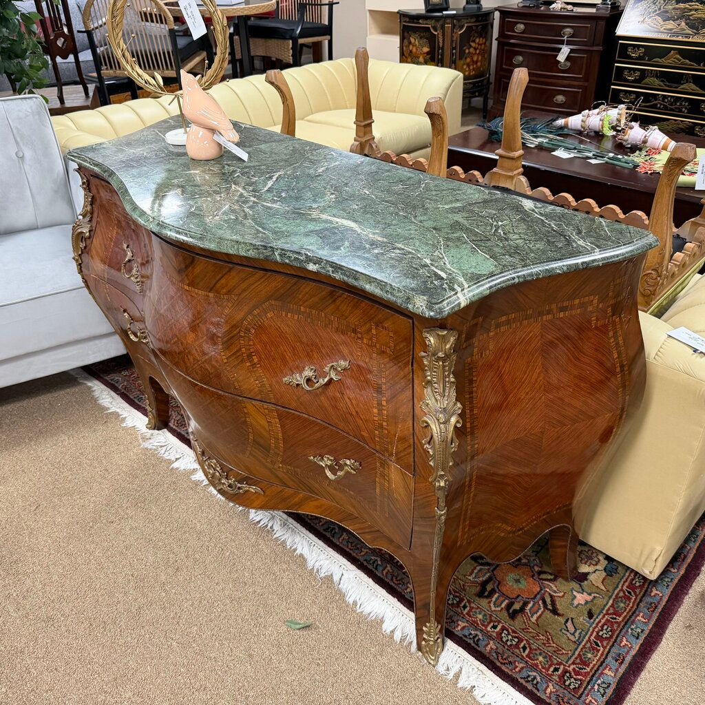 Marble Top Vintage French Louis XV Style Marquetry and Parquetry Bombe Chest