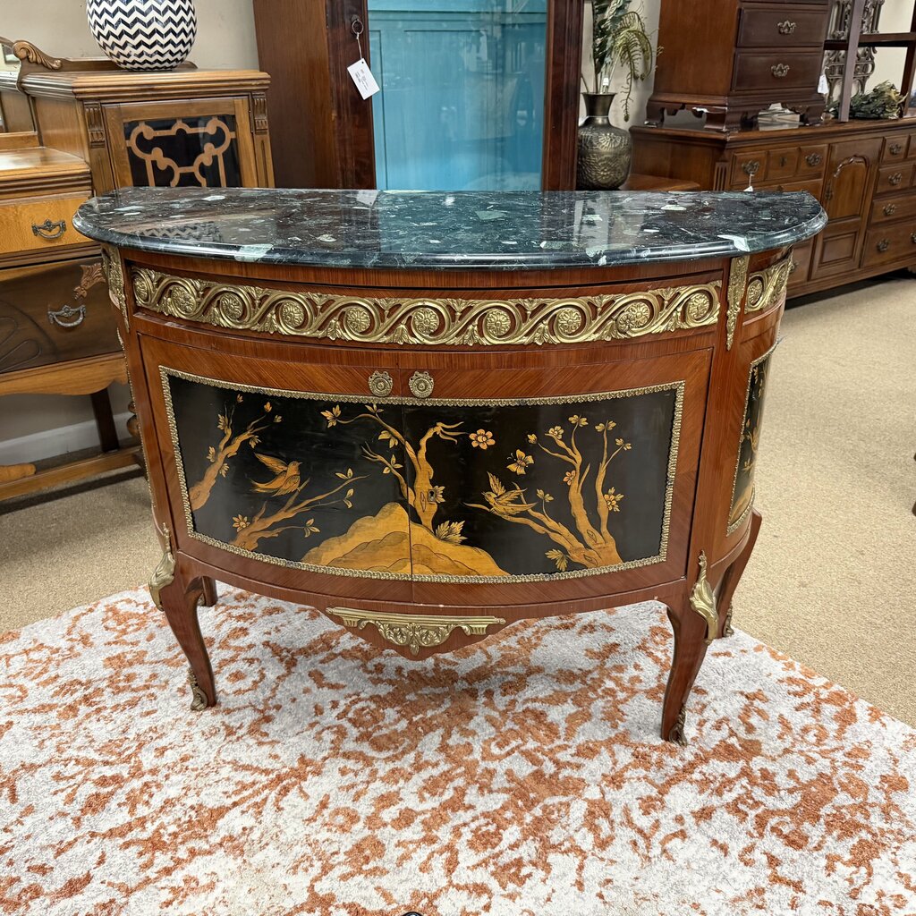 Chinoiserie Lacquer Vintage French Louis XV/XVI Transitional Style Demilune Sideboard w/Gilt-Bronze Ormolu Mounts + Green Marble Top