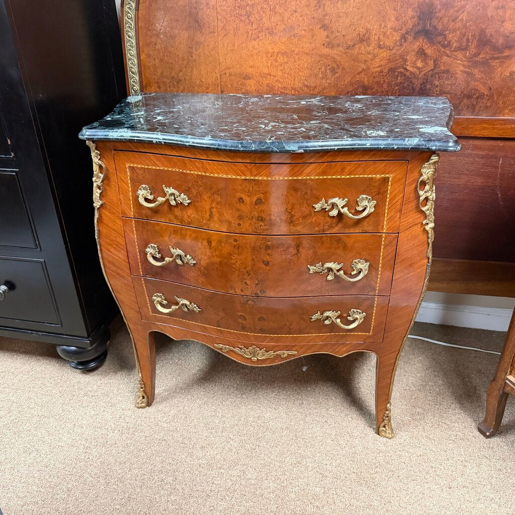 Vintage French Louis XV Style 3-Dr. Petite Bombe Commode w/Gilt-Bronze Ormolu Mounts + Green Marble Top