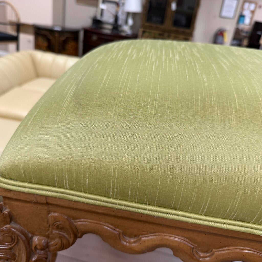 French Provincial Six-Leg Long Vanity Bench w/Green Silk Upholstery