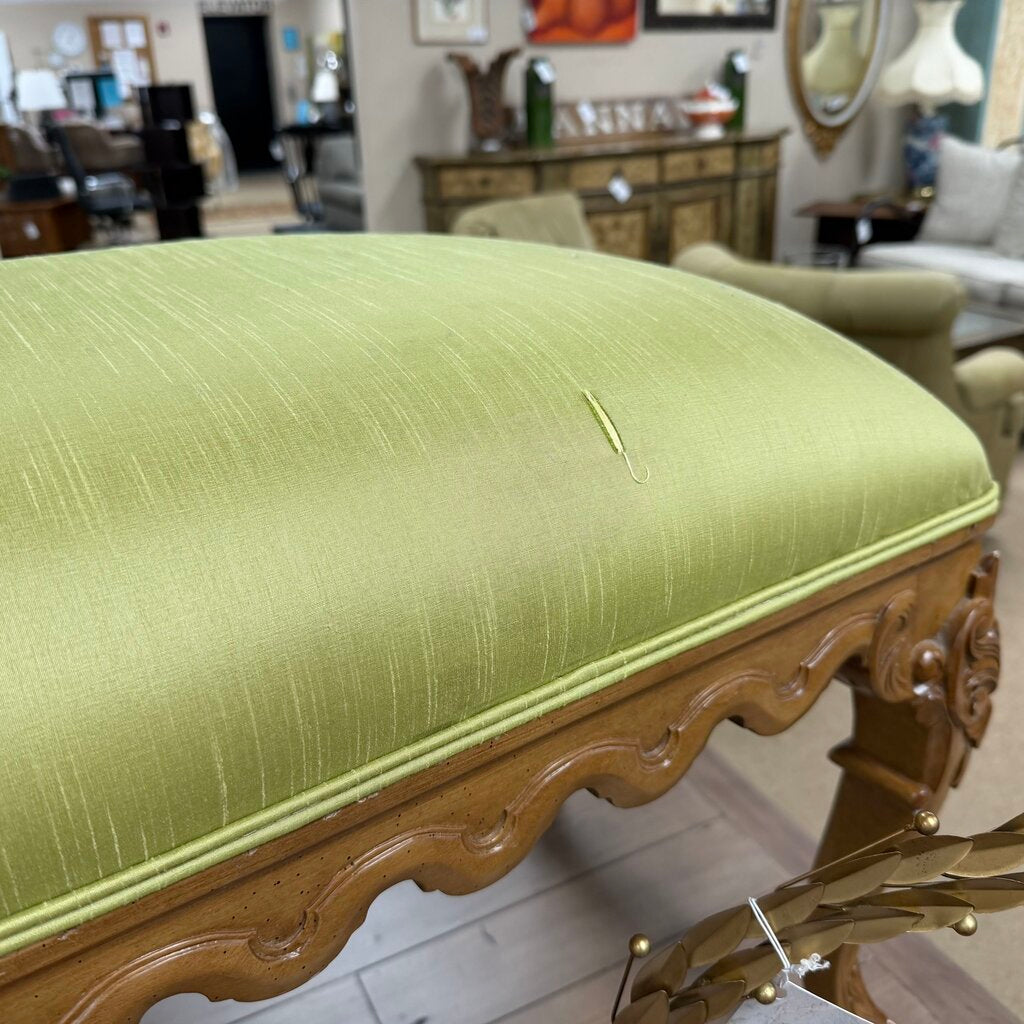French Provincial Six-Leg Long Vanity Bench w/Green Silk Upholstery