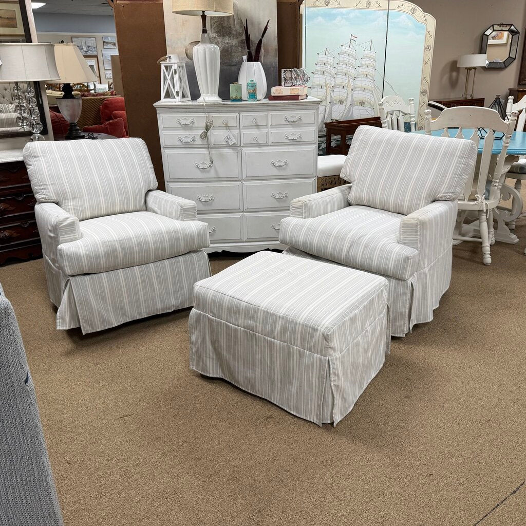 Pair Slipcovered Swivel Rockers + Ottoman