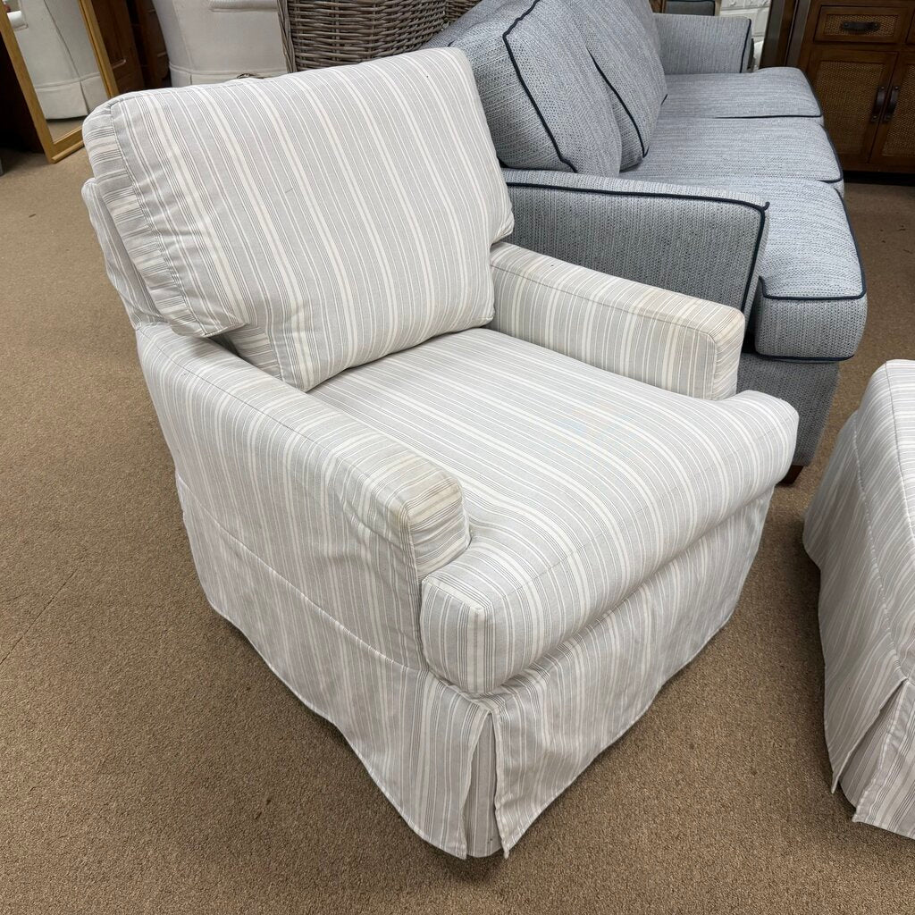 Pair Slipcovered Swivel Rockers + Ottoman