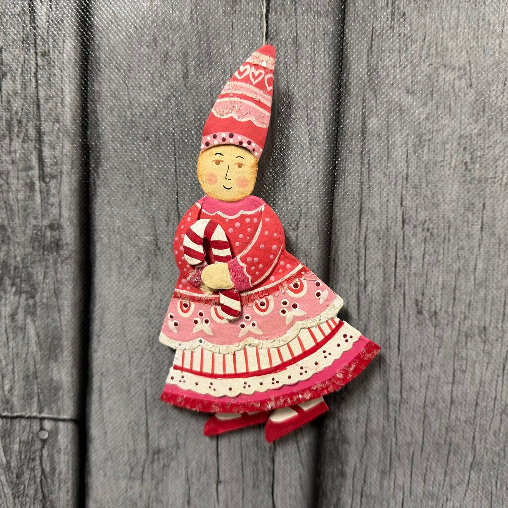Tin Folk Art Girl w/Candy Cane Ornament