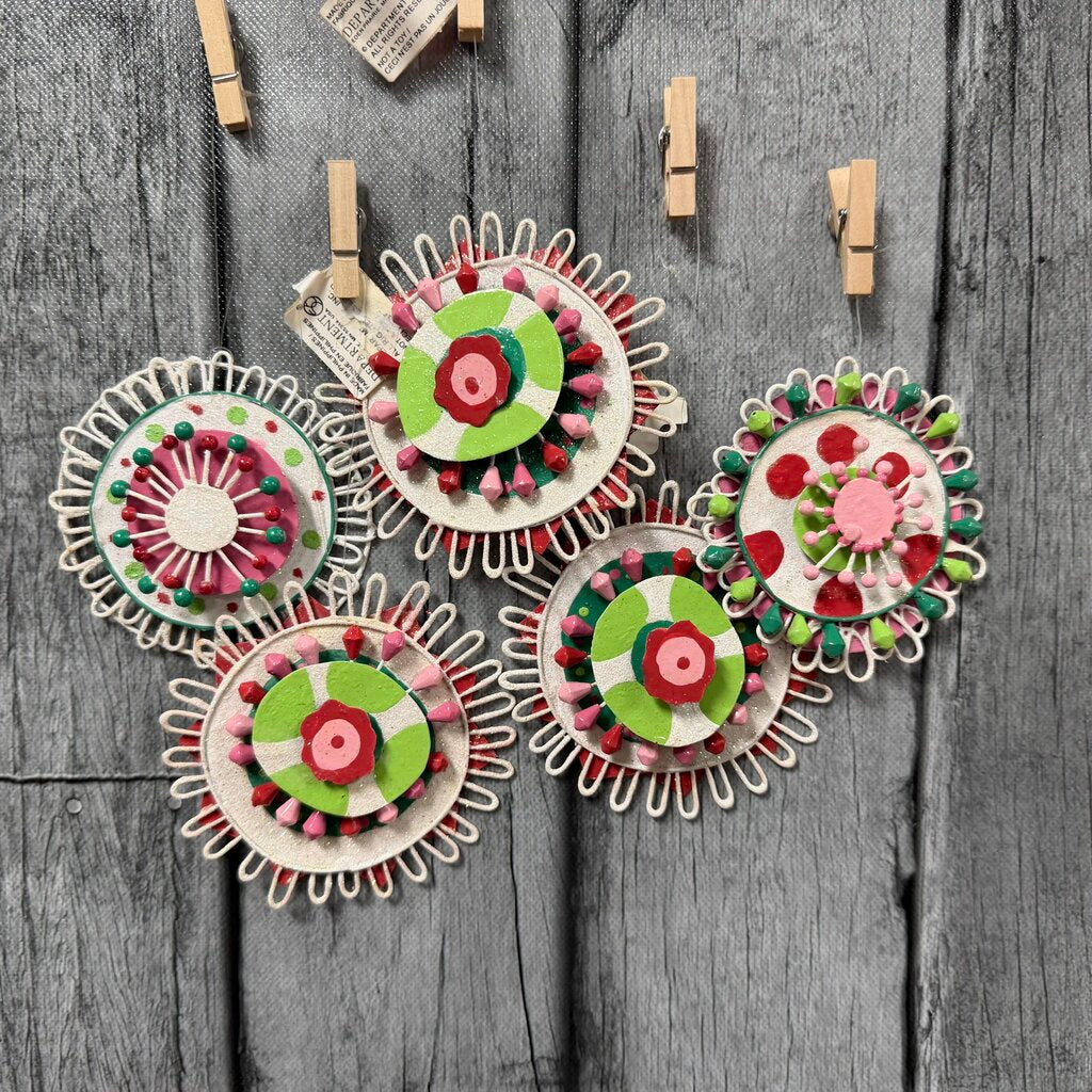 Set/5 Round Tin Candy Ornaments