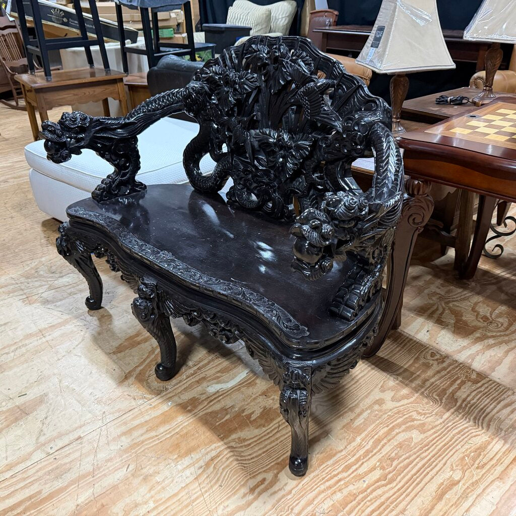 Late 19th Century Meiji Period Ebonized Wood Carved Dragon Bench