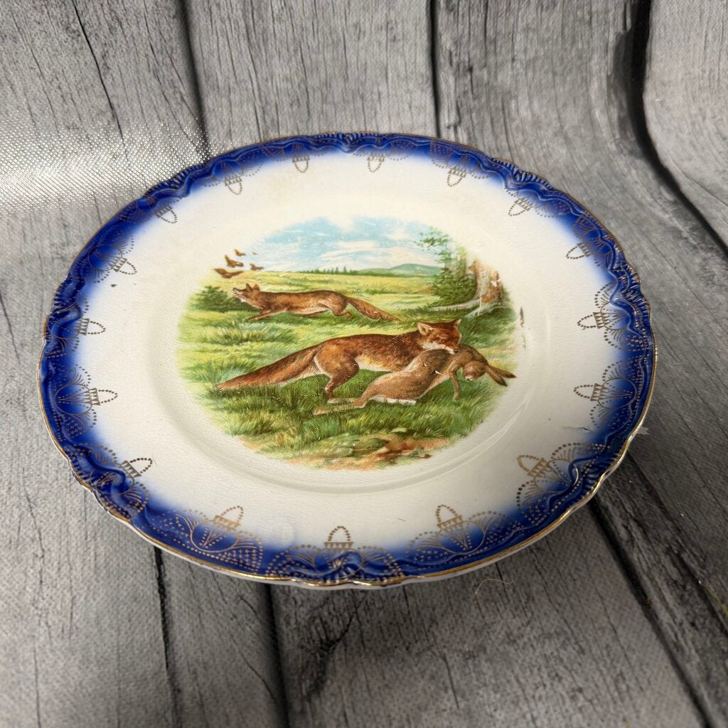 Early 1900s Sterling China Plate w/Hunting Foxes Scene